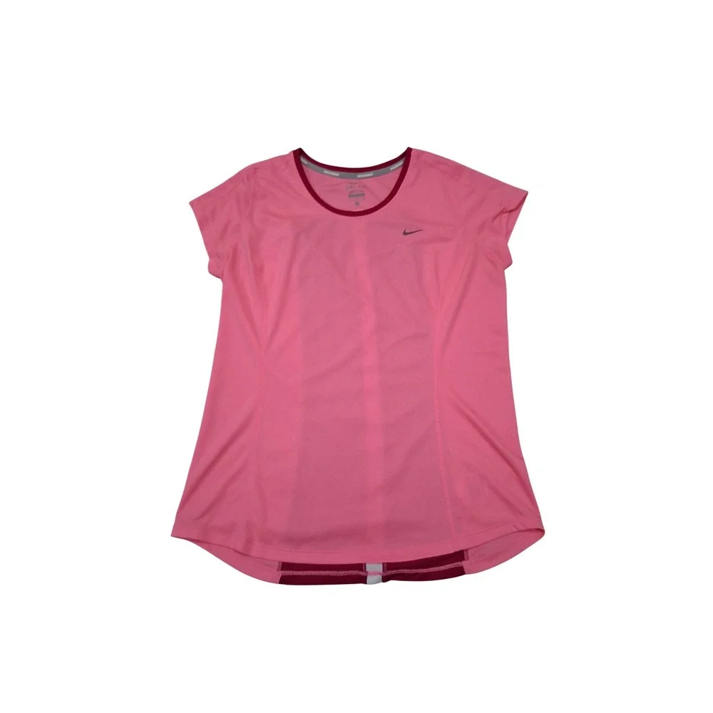 Nike Dri-FIT Running Shirt Womens Large Pink Maroon Stripe Mesh Back Activewear